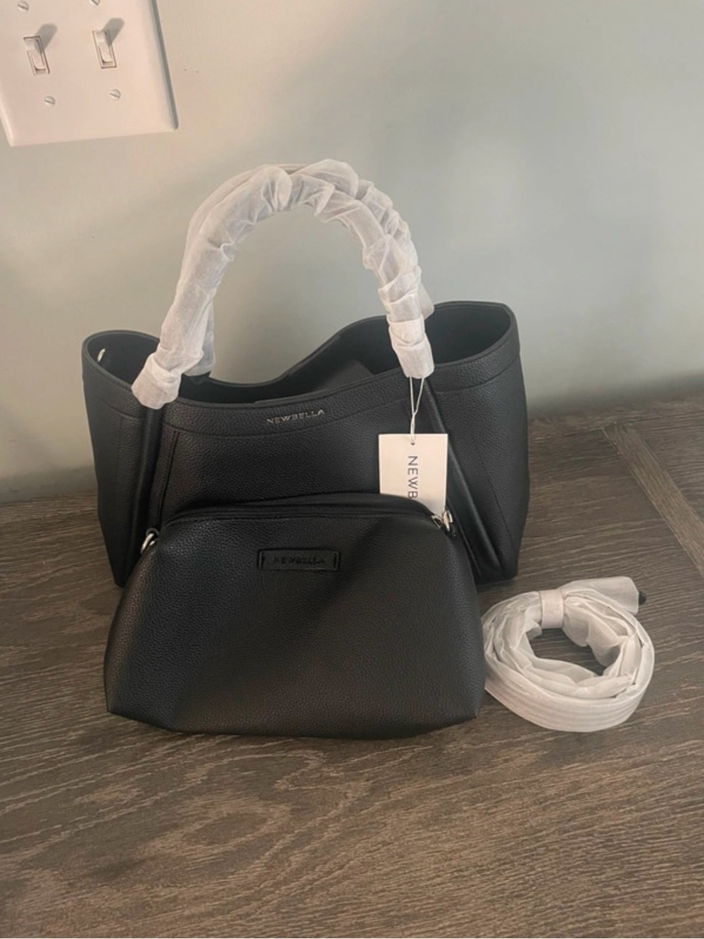 NEWBELLA Black Pebbled Leather Shoulder Tote with Removable Pouch